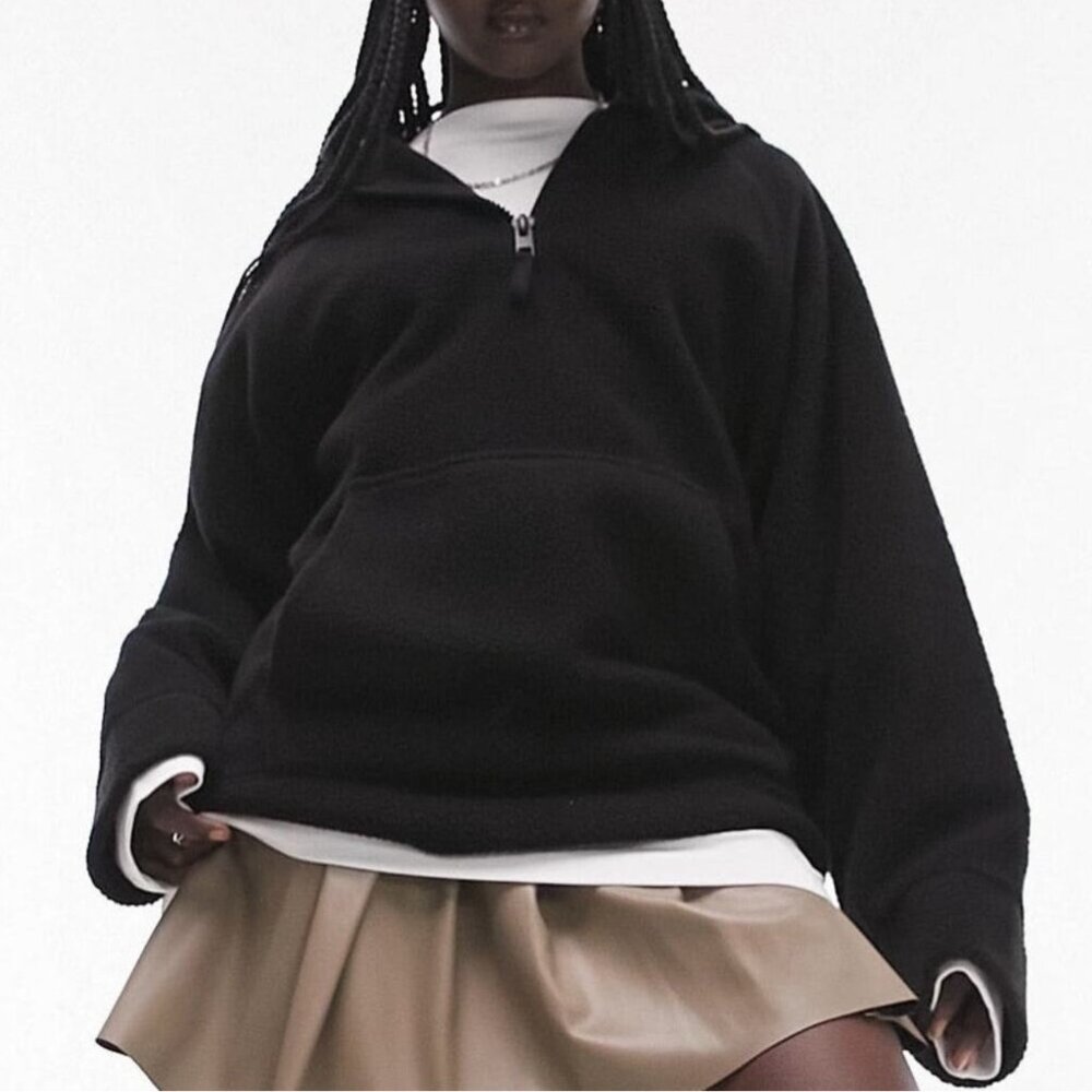 NWT Women's TOPSHOP Borg Quarter Zip Black Fleece‎ Pullover Hoodie | Size S